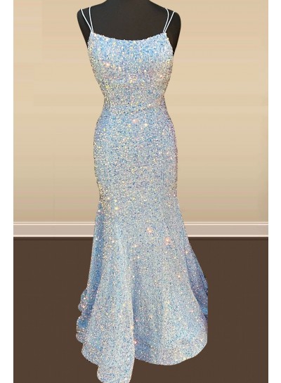 Light Sky Blue Sequence Spaghetti Straps Corset Back Long Prom Dresses 2024