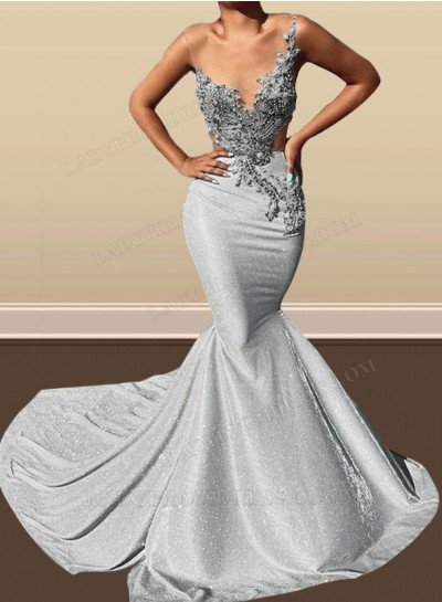 2024 Mermaid Silver Beaded Long Sequence Prom Dresses