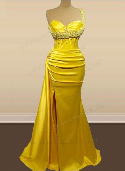 Daffodil Sheath Sweetheart Side Slit Long Prom Dresses With Pearls 2024