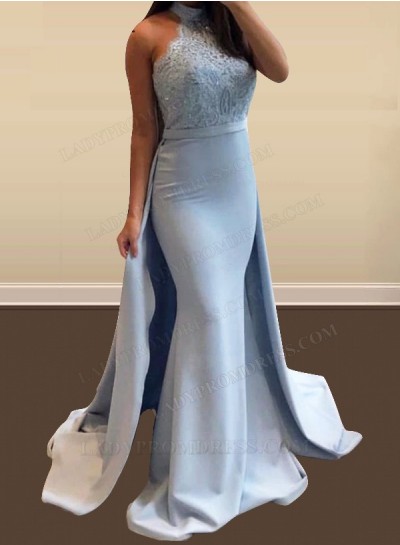 High Neck Satin Light Sky Blue Lace Prom Dresses With Detachable Train