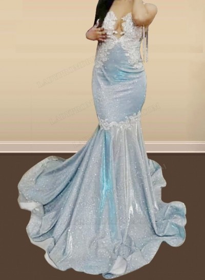 2024 Sheath Light Sky Blue Sequence Long Prom Dresses With Appliques