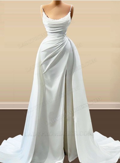 2024 Sheath White Scoop Satin Side Slit Long Prom Dresses