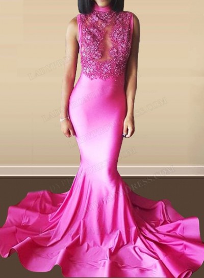 2024 Fuchsia Sheath Long Prom Dresses With Appliques