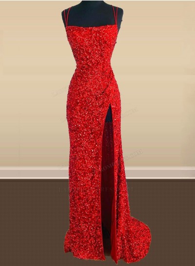 2024 Red Sheath Spaghetti Straps Long Sequence Side Slit Prom Dresses