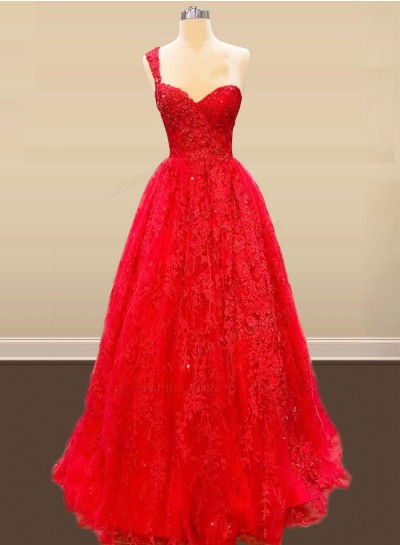 2024 One Shoulder Red Tulle With Appliques Sweetheart Long Prom Dresses