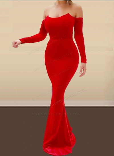 Red Long Sleeves Mermaid Long 2024 Elastic Woven Satin Prom Dresses