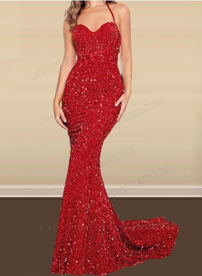 Mermaid Red Sweetheart Halter Sequence Long 2024 Prom Dresses
