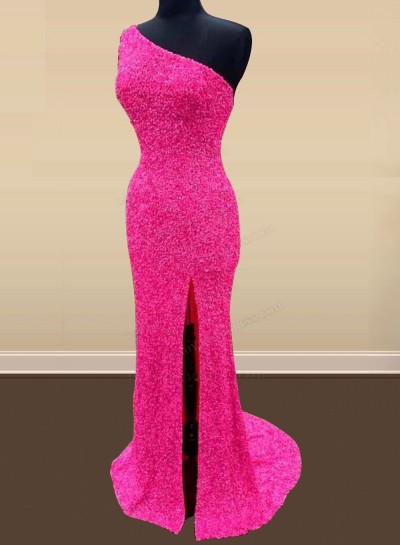 2024 Fuchsia Sheath One Shoulder Side Slit Sequence Long Prom Dresses