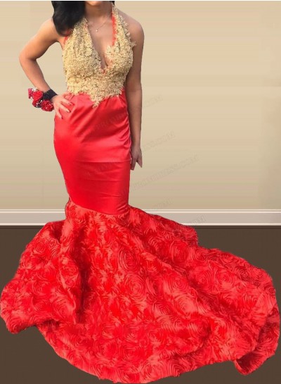 Red Mermaid With Gold Appliques Rose Bottom Halter Long 2024 Prom Dresses