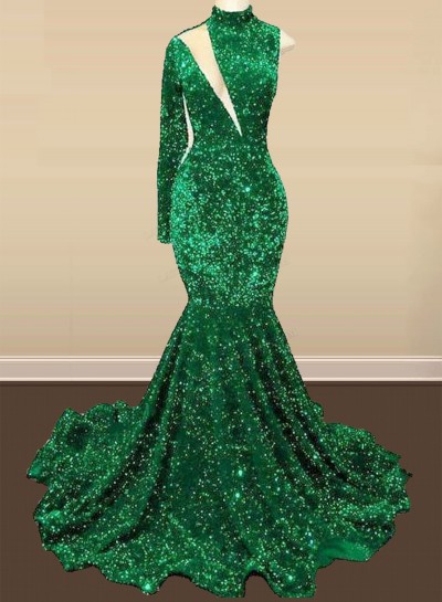 Emerald Green One Shoulder Sequence Mermaid Long Prom Dresses 2024