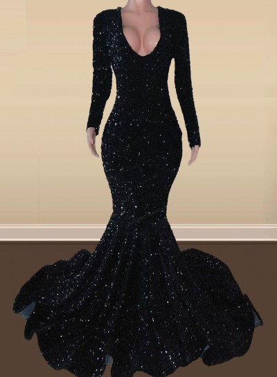 2024 Mermaid Black Long Sleeves V Neck Sequence Long Prom Dresses