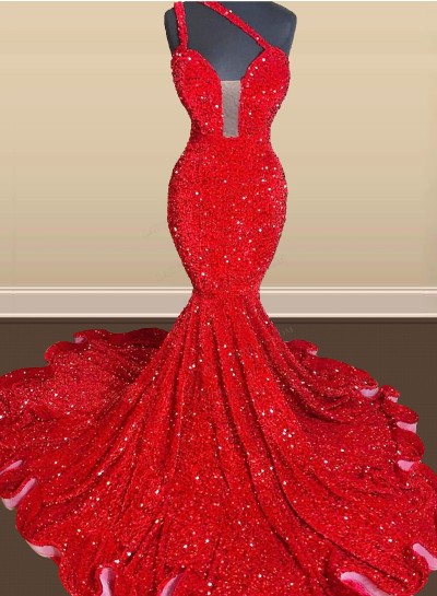 Red Mermaid Sequence Sweetheart Long Prom Dresses 2024