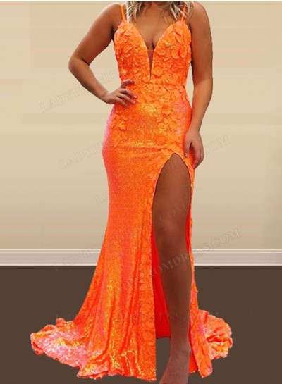Orange Side Slit sheath Sweetheart Backless Long Prom Dresses 2024