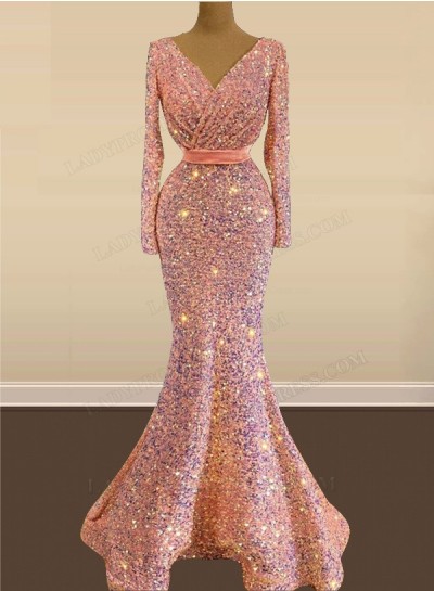 Mermaid Pink Long Sleeves V Neck Sequence Long Prom Dresses 2024