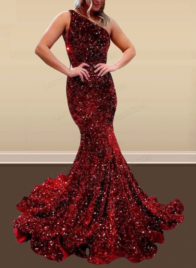 Burgundy 2024 One Shoulder Mermaid Sequence Backless Long Prom Dresses