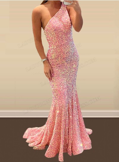 Pink Sheath One Shoulder Backless Sequence Long 2024 Prom Dresses