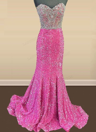 Pink Beaded Strapless Long Sequence 2024 Prom Dresses