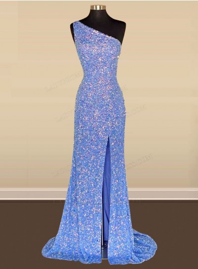 2024 One Shoulder Lavender Side Slit Sequence Long Prom Dresses