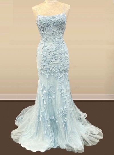 2024 Light Sky Blue Tulle With Appliques Long Spaghetti Straps Prom Dresses