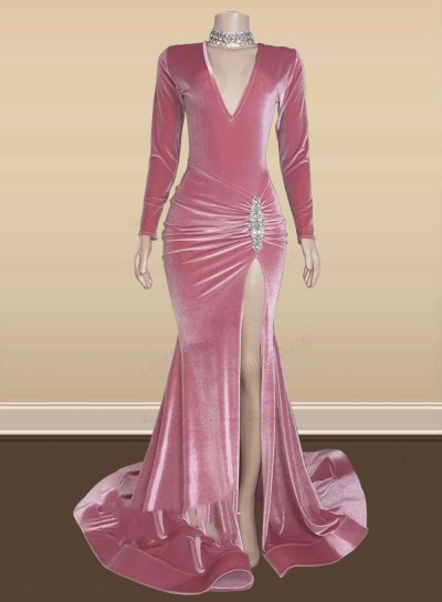 Pink Long Sleeves Side Slit Velvet V Neck Beaded Prom Dresses