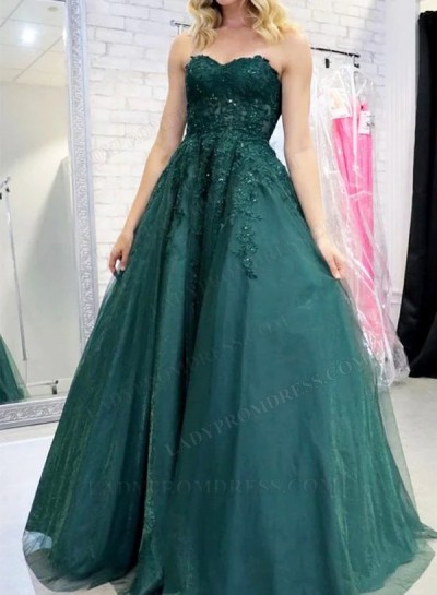 A Line Sweetheart Teal Tulle With Appliques Long Prom Dresses 2024
