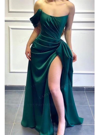 Hunter Green Scoop Satin Strapless Side Slit Pleated Long Prom Dresses 2024