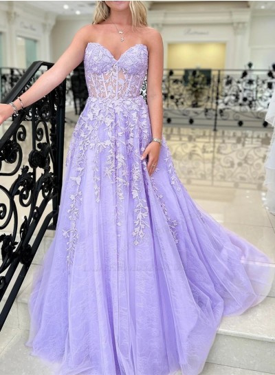 A Line Tulle With Appliques Lilac Sweetheart 2024 Long Prom Dresses