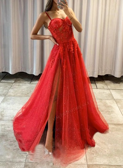 Red A Line Side Slit Sweetheart Tulle Long Prom Dresses 2024