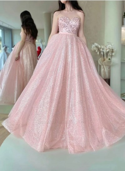 2024 A Line Blushing Pink Sweetheart Sequence Long Prom Dresses