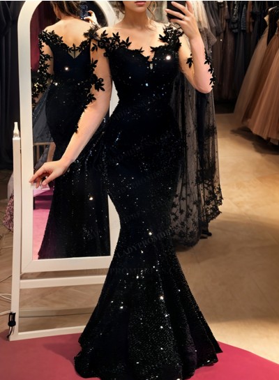 Black 2024 Mermaid Sequence Long Sleeves Prom Dresses With Appliques