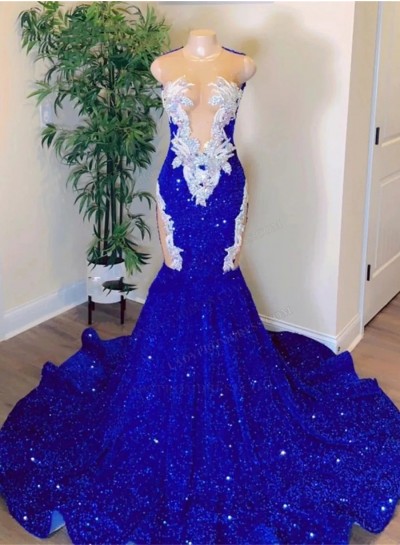 2024 Mermaid Royal Blue Sequence Long Sheer Neckline Prom Dresses