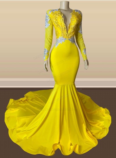 2024 Mermaid Silk Like Satin Long Sleeves V Neck Daffodil Long Prom Dresses