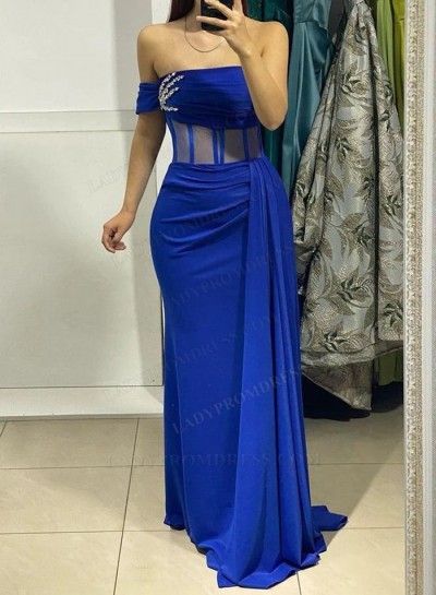 Royal Blue Sheath/Column Velvet Strapless 2024 Prom Dresses With Beads