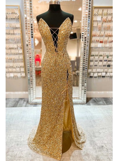 2024 Gold Sequence Deep V Neck Corset Back Side Slit Prom Dresses