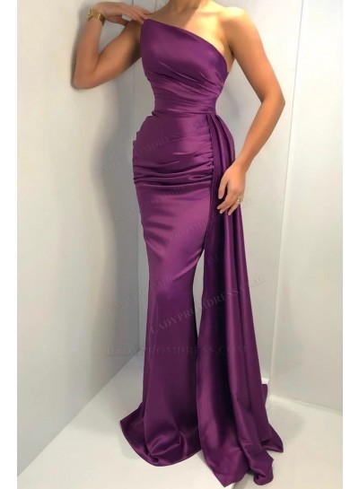2024 Purple Satin Strapless Ruched Sheath Long Prom Dresses