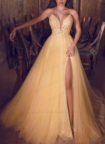 A Line Sweetheart 2024 Prom Dresses Tulle Side Slit With Appliques