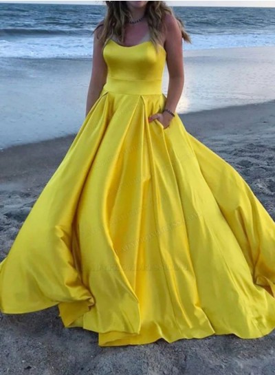 A Line Satin Daffodil Strapless Long Prom Dresses 2024 With Pockets