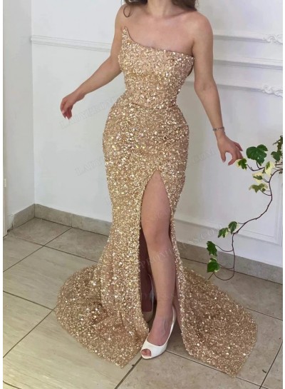 Champagne 2024 Sequence Prom Dresses Strapless Side Slit Long