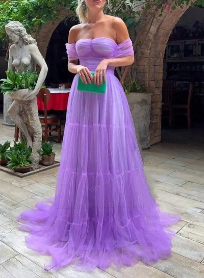 A Line Tulle Made Off Shoulder Lilac Long 2024 Prom Dresses