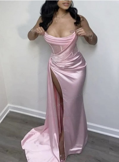 2024 Pink Sheath Strapless Side Slit Silk Like Satin Long Prom Dresses