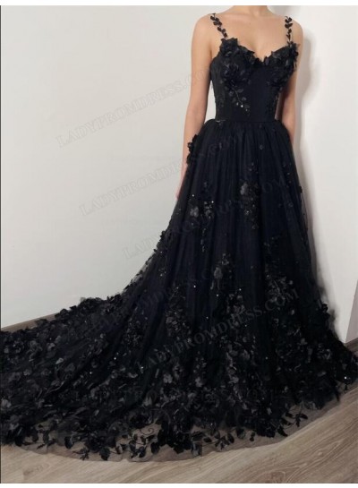 2024 A Line Black Sweetheart With Straps Lace Long Prom Dresses With Appliques
