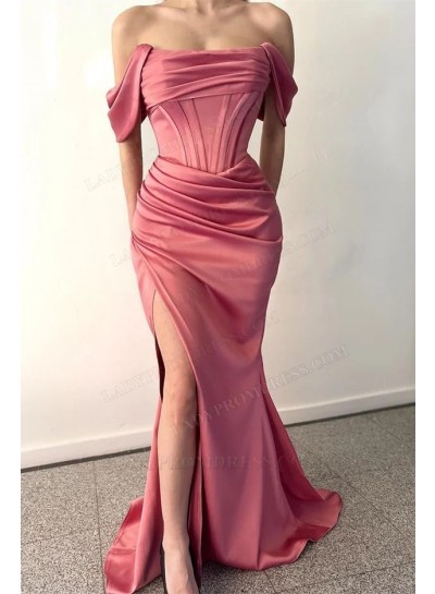 Sheath Pink Side Slit Off Shoulder Matte Satin Ruched 2024 Prom Dresses