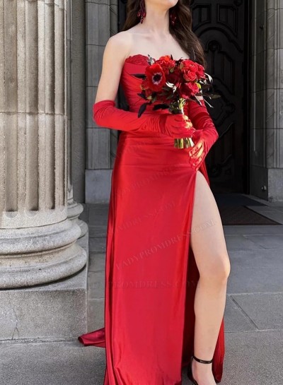 A Line Strapless Silk Like Satin Fuchsia Side Slit Long 2024 Prom Dresses