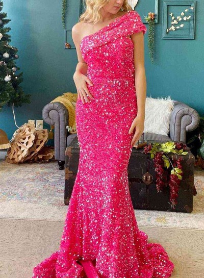 One Shoulder Fuchsia Floor Length Sequence Long 2024 Prom Dresses