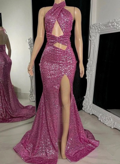 Pink Halter Sequence Side Slit Backless Long 2024 Prom Dresses