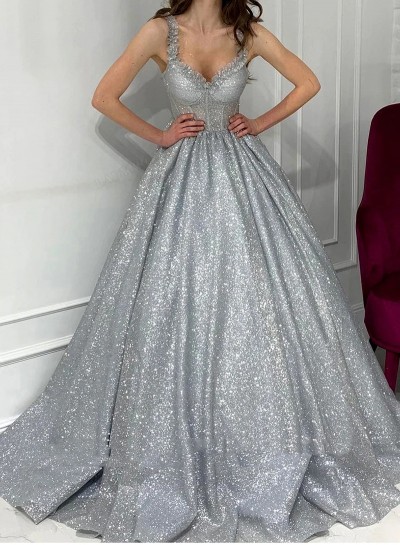 2024 Silver Sweetheart With Straps Sequence Long Ball Gown Prom Dresses