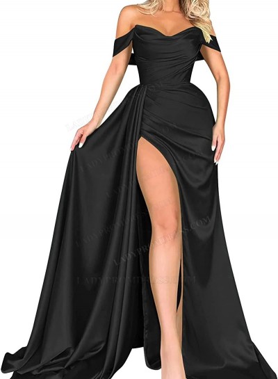 Black Off Shoulder Silk Like Satin Side Slit Ruched 2024 Long Prom Dresses