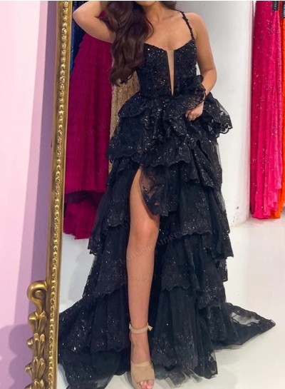 2024 A Line Black Tulle Halter Lace High Low Prom Dresses With Slit