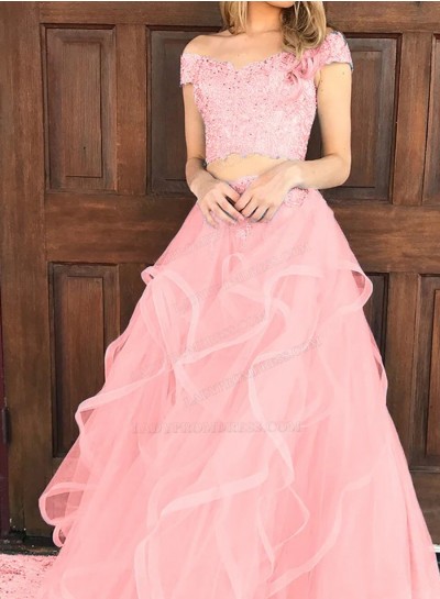 2024 A Line Pale Pink Tulle With Appliques Off Shoulder Two Pieces Prom Dresses