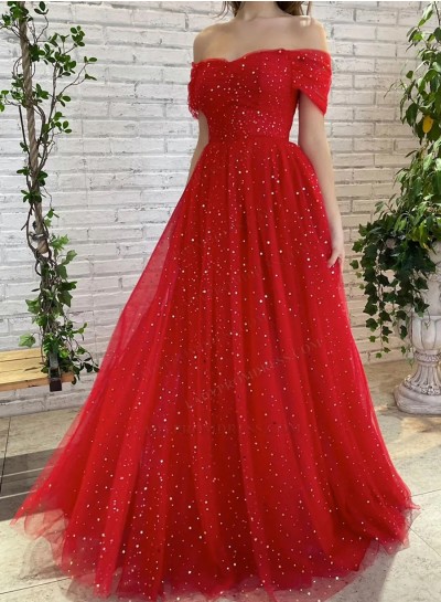2024 Red Off Shoulder Tulle A Line Long Prom Dresses